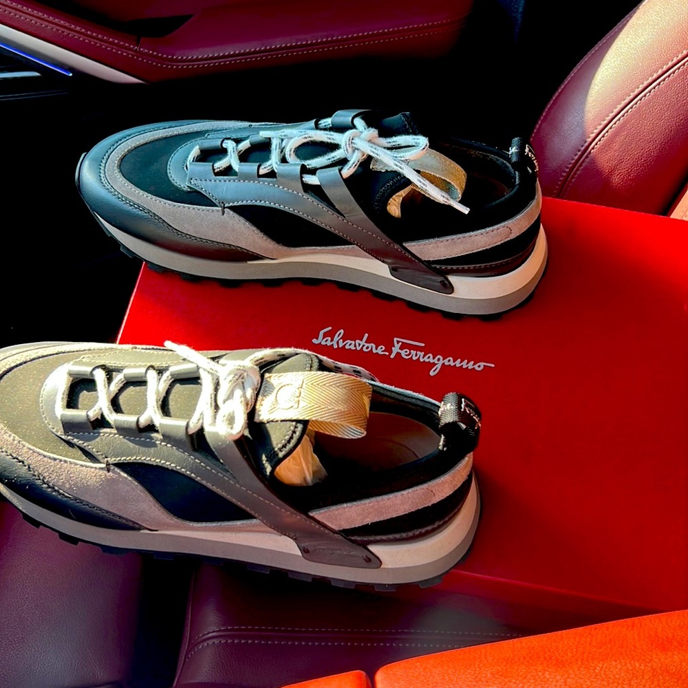 Ferragamo new tennis shoes. Black white gray charcoal colors.